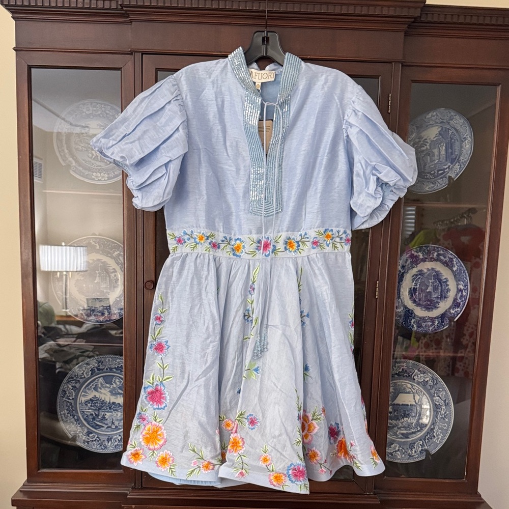 Light Blue Floral-Embroidered Mini Dress with Puff Sleeves